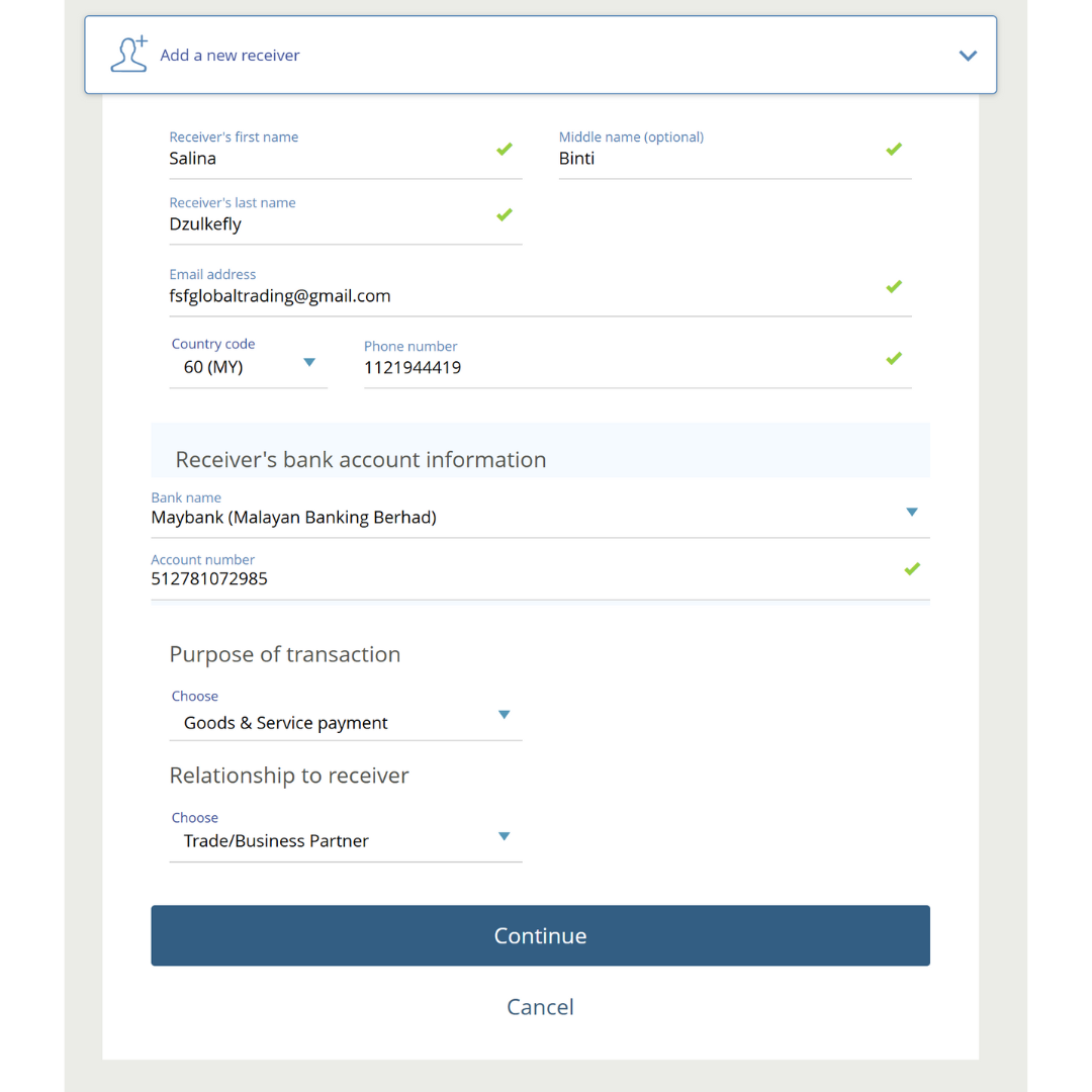 Add new receiver with Malaysian bank details